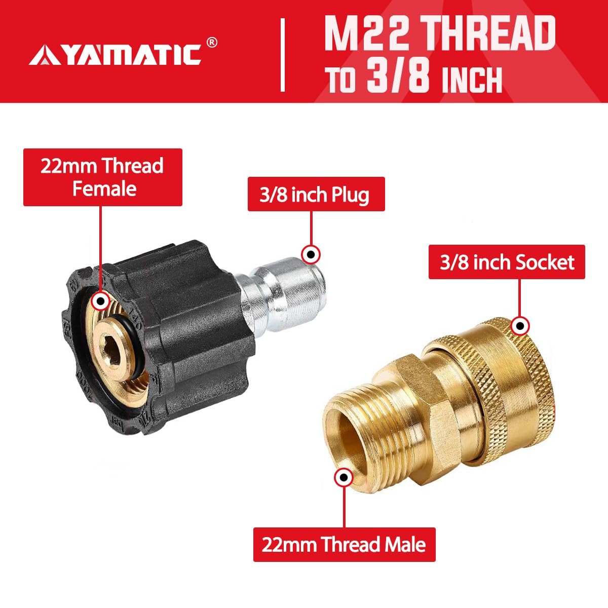 YAMATIC Pressure Washer Adapter Set Quick Connect Kit, M22 to 3/8″ Quick Connect