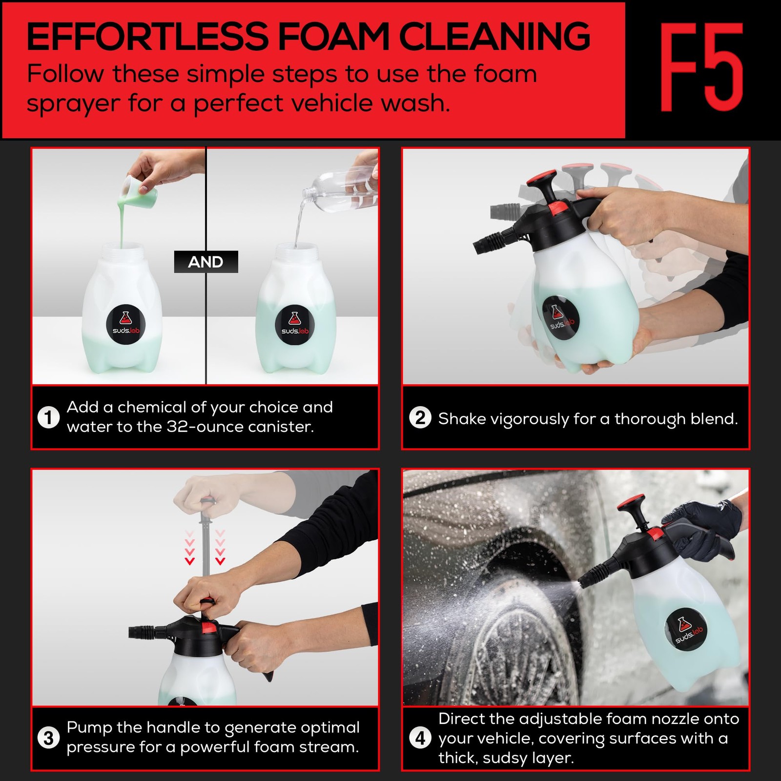 Suds Lab F5 Foam Master Triple Action Pump Foam Sprayer 70 Oz 3 Nozzles