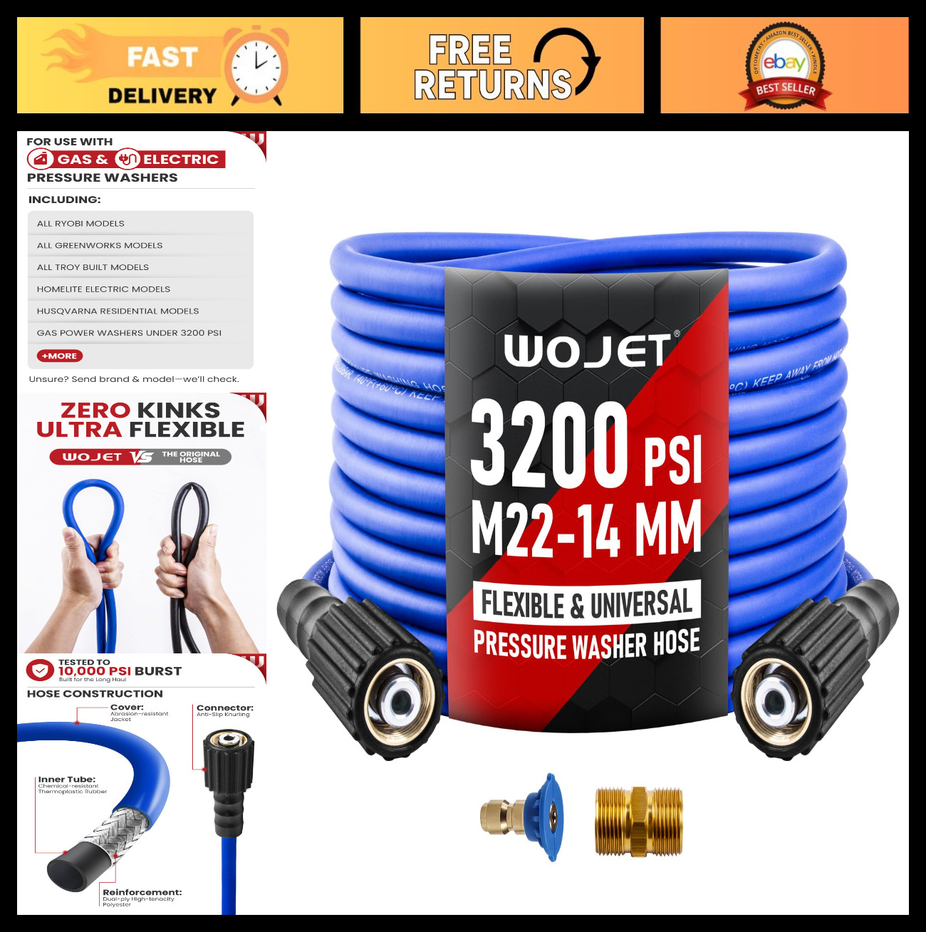 25ft Ultra Flexible Pressure Washer Hose, M22 14mm Non-Leak Fitting, 3200PSI