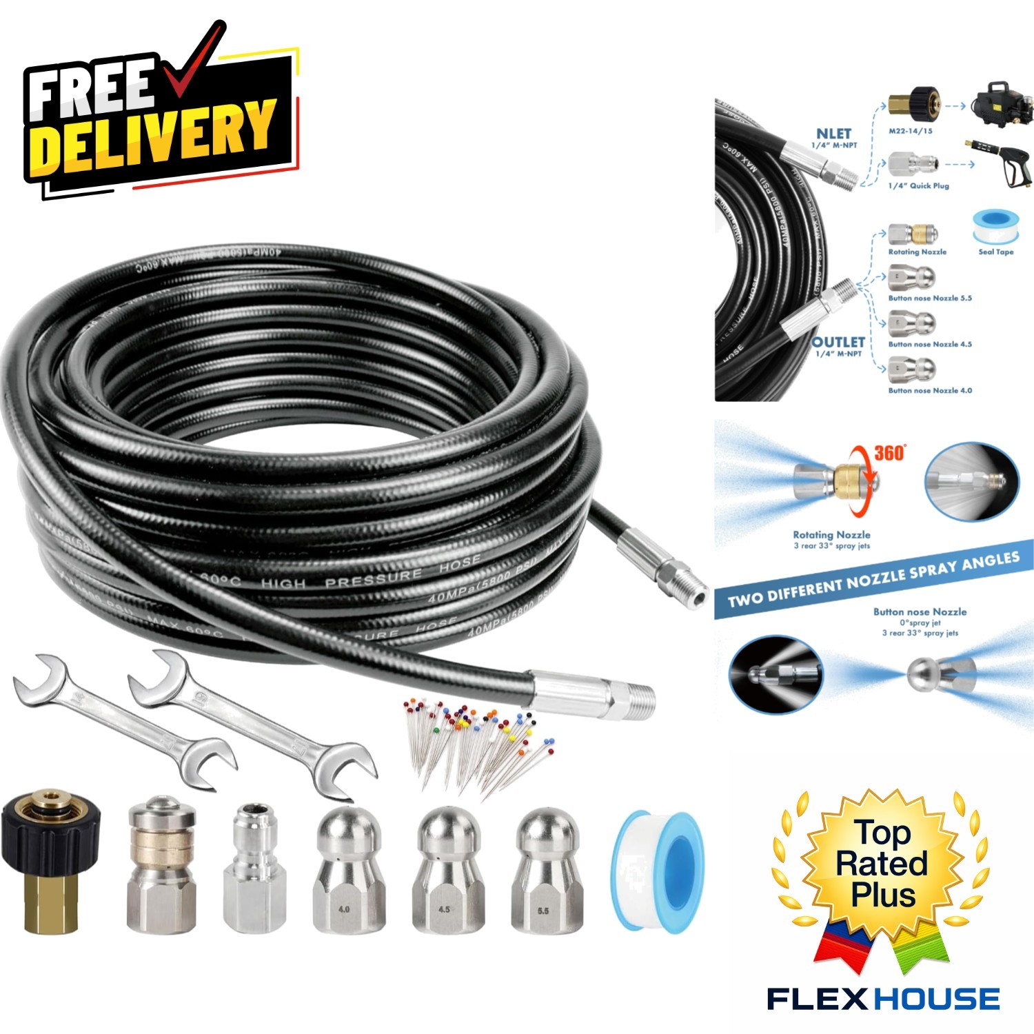 Versatile 50FT Pressure Washer Hose with 3 Jet Nozzles – 5800 PSI Strength