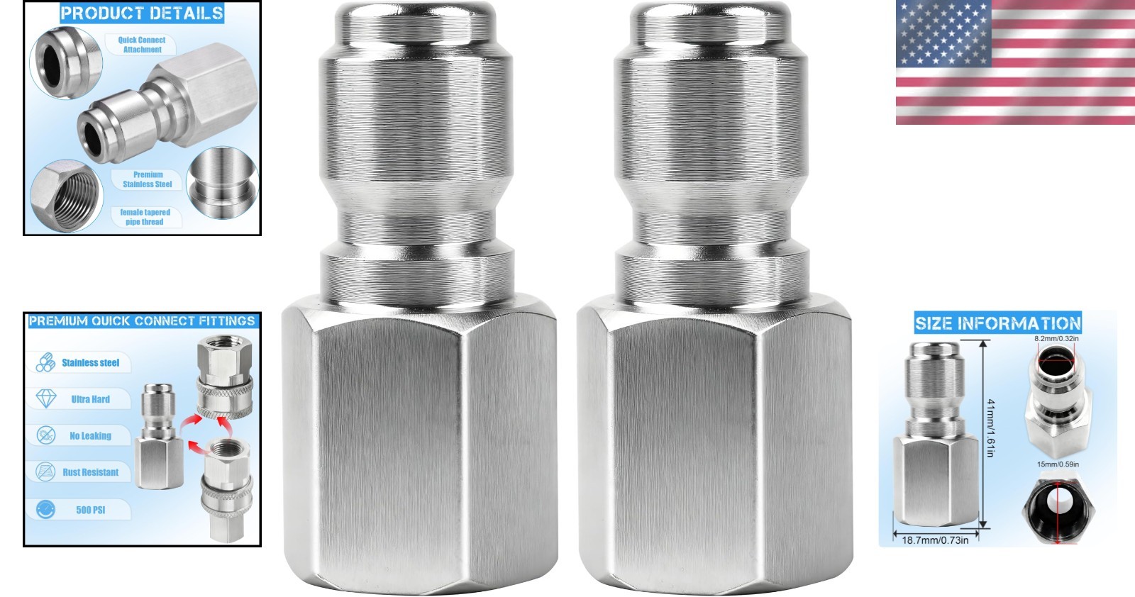 2-Piece Stainless Steel Pressure Washer Coupler Set – 1/4″ & 3/8″ Quick Connect