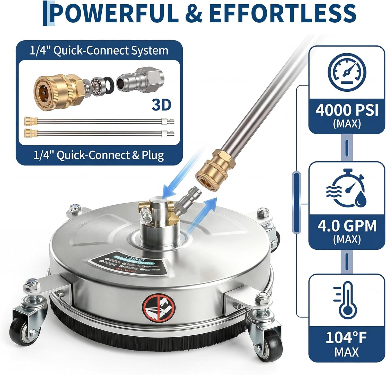18″ Patio Pressure Washer Surface Cleaner with 4 Wheels Stainless Steel 4000 PSI