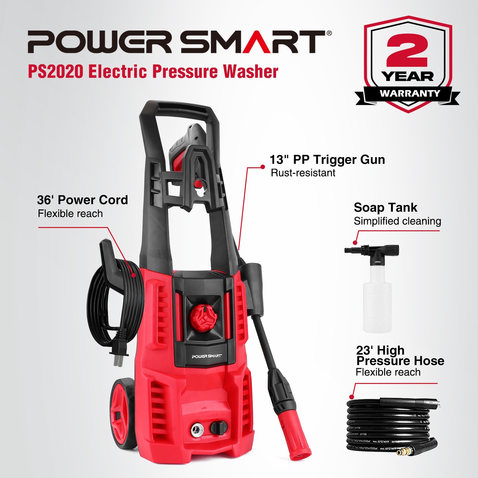 PowerSmart 1850PSI Electric High Pressure Washer, 1.8GPM, 23ft Extended Hose