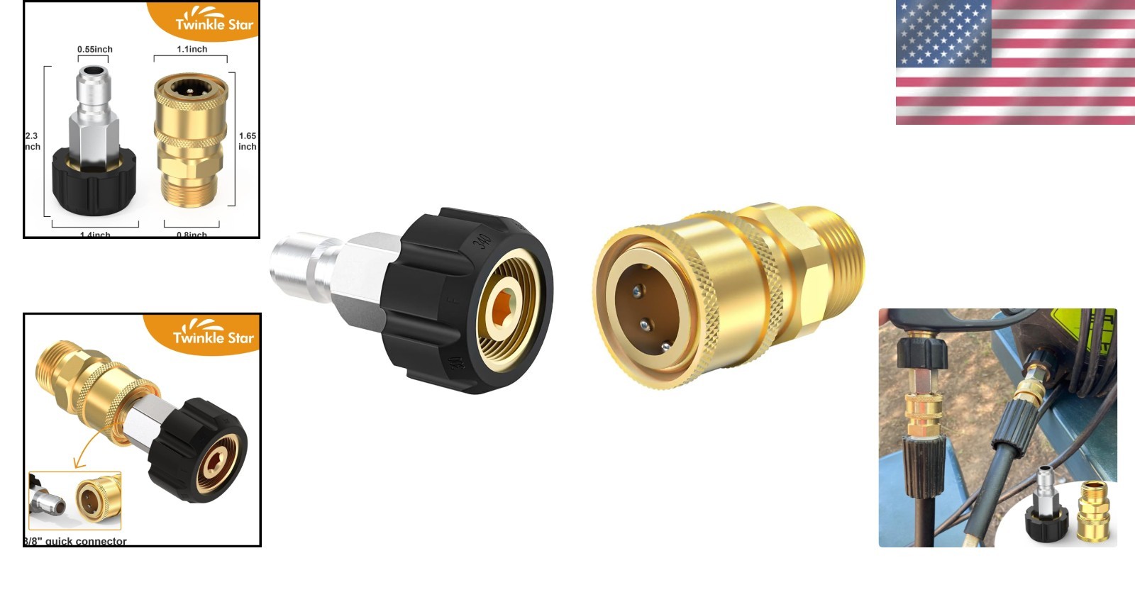 High Pressure Quick Connect Brass Fittings Set, M22 to 3/8” for Power Washers