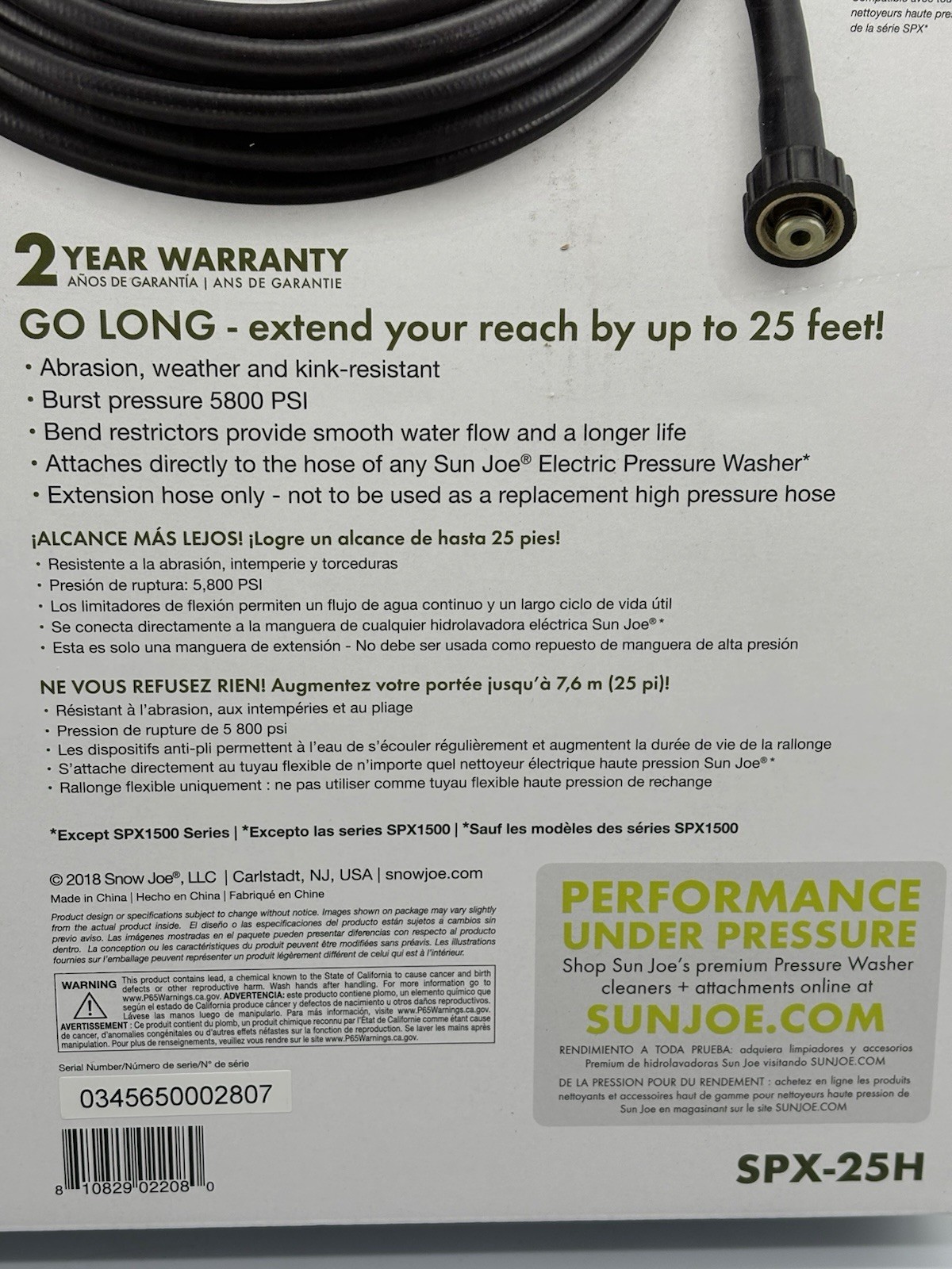 SPX-25H Sun Joe 25-FT Medium Duty Pressure Washer EXTENSION HOSE for SPX Series