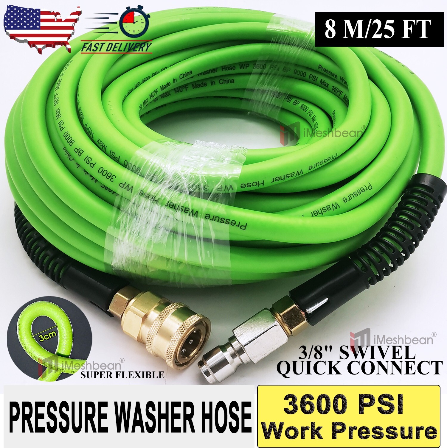 3/8″ 25FT Kink Resistant High Pressure Washer Hose 1/4″ Work 3600 PSI Extension