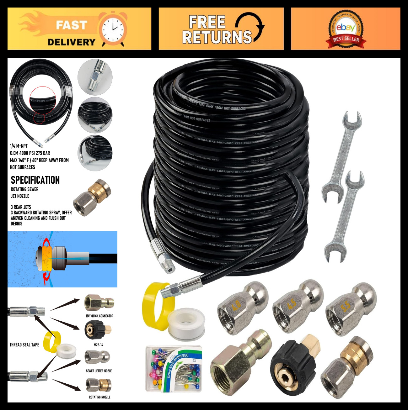 150FT Sewer Jetter Kit for Pressure Washer, 4000 PSI Drain Cleaner Hose, 1/4″ NP