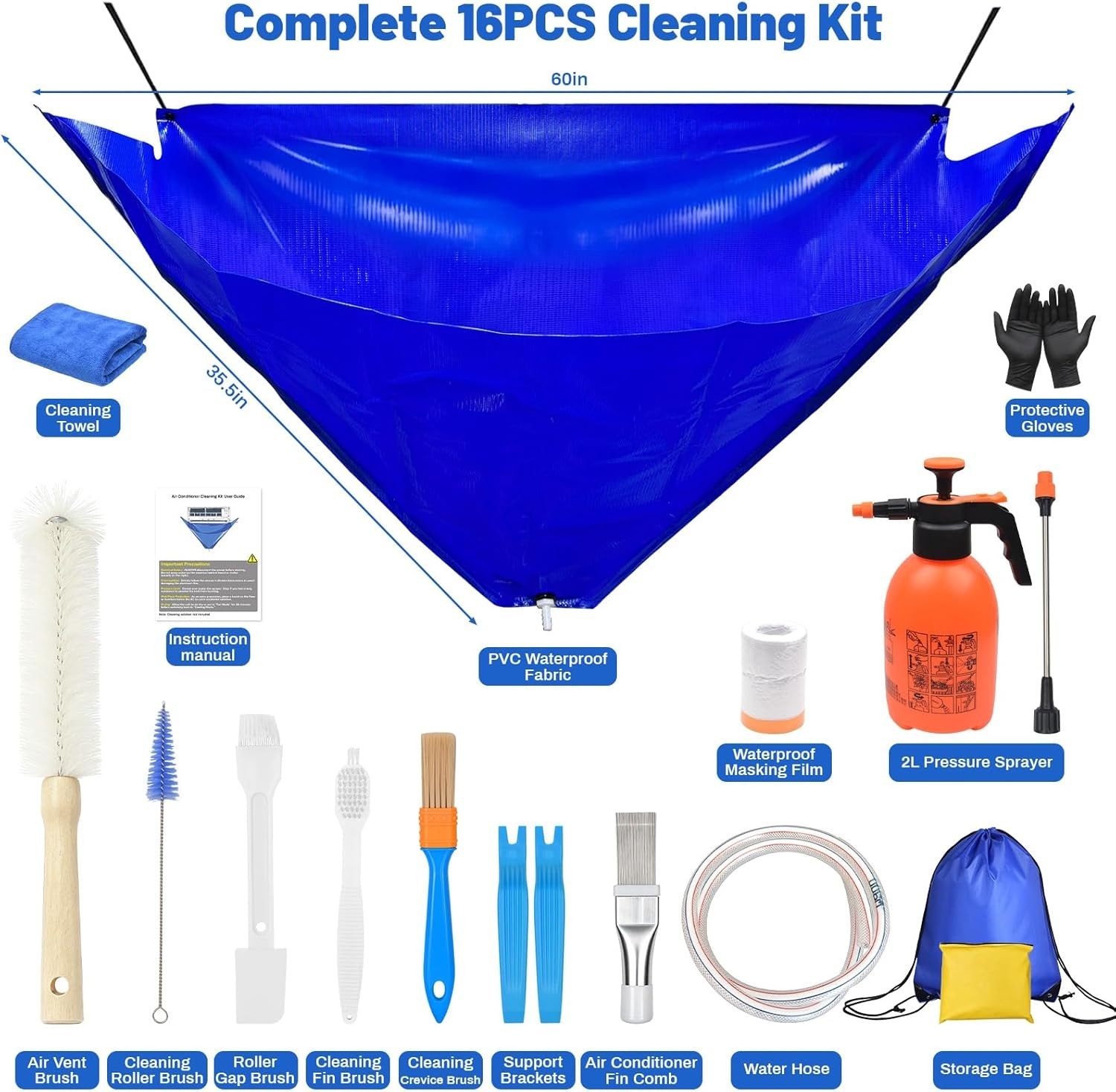 16PCS Mini Split Cleaning Kit – with 2L Pressure Sprayer, Water-Resistant PVC…