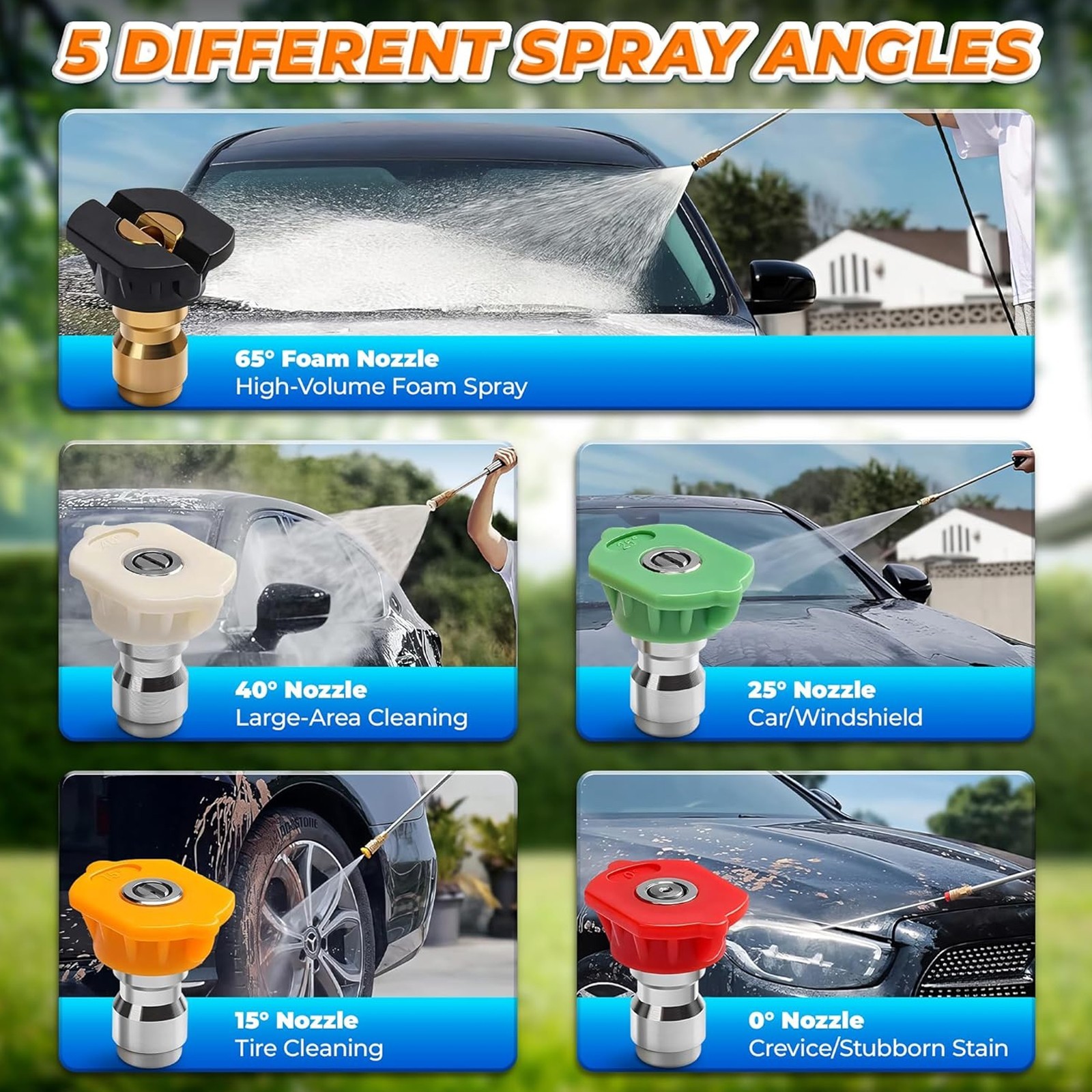 5-Piece Pressure Washer Nozzles-Multiple Spray Angles for Car & Outdoor Cleaning