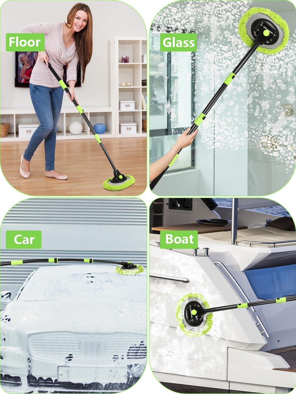 4 Sections Car Wash Brush with 15° Curved Aluminum Alloy Long 51.6″, Green