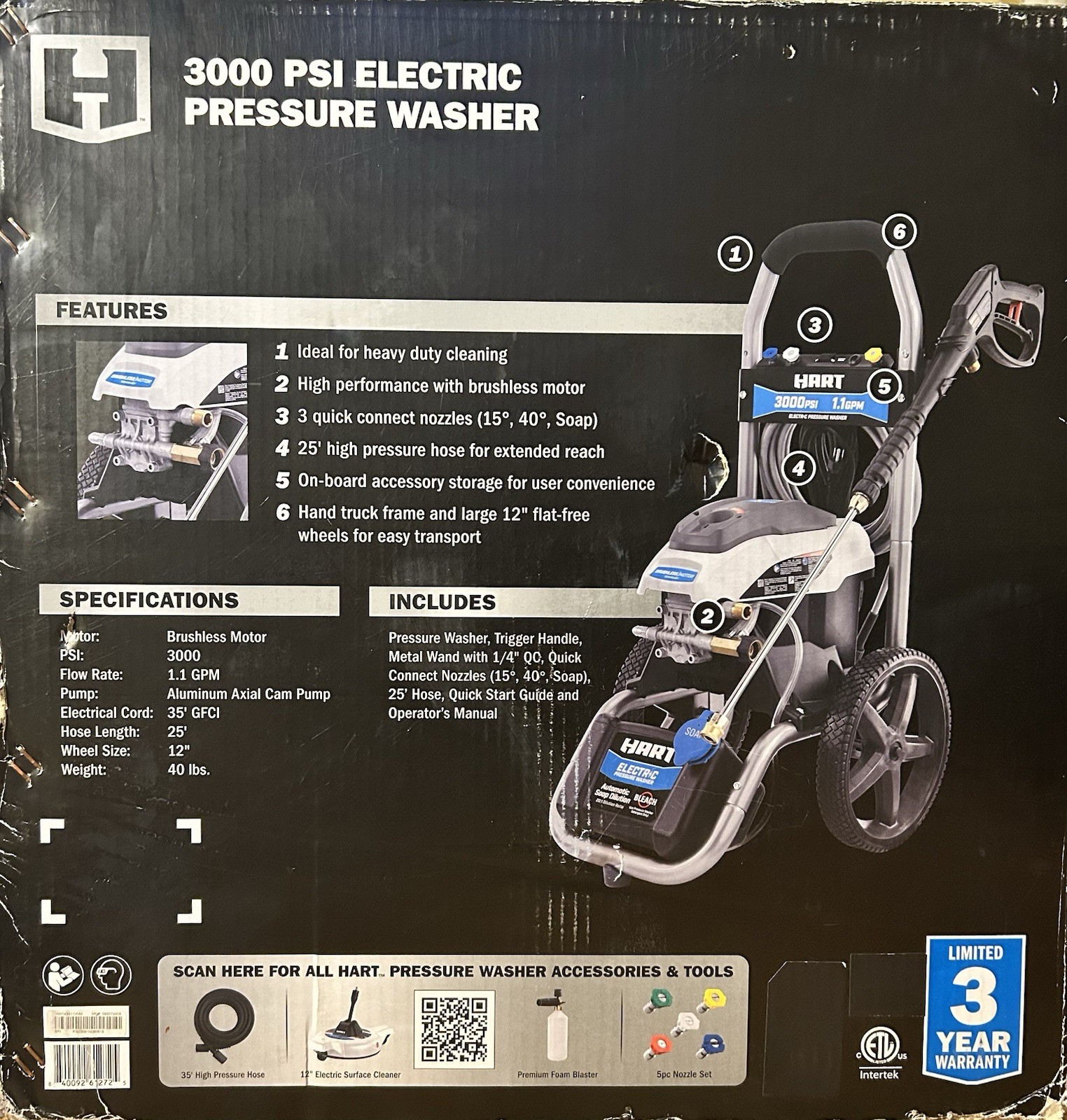 HART 3000PSI 1.1 GPM Cold Water Electric Pressure Washer, Brushless Motor