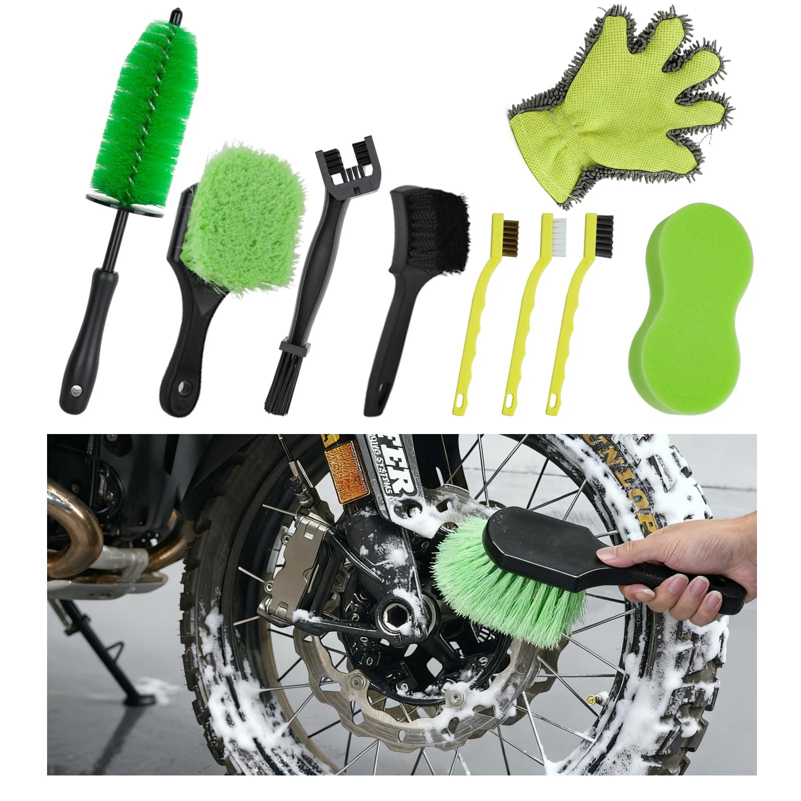 NexaBrush 9 Pack Motorcycle Cleaning Kit, Detailing Green,Black