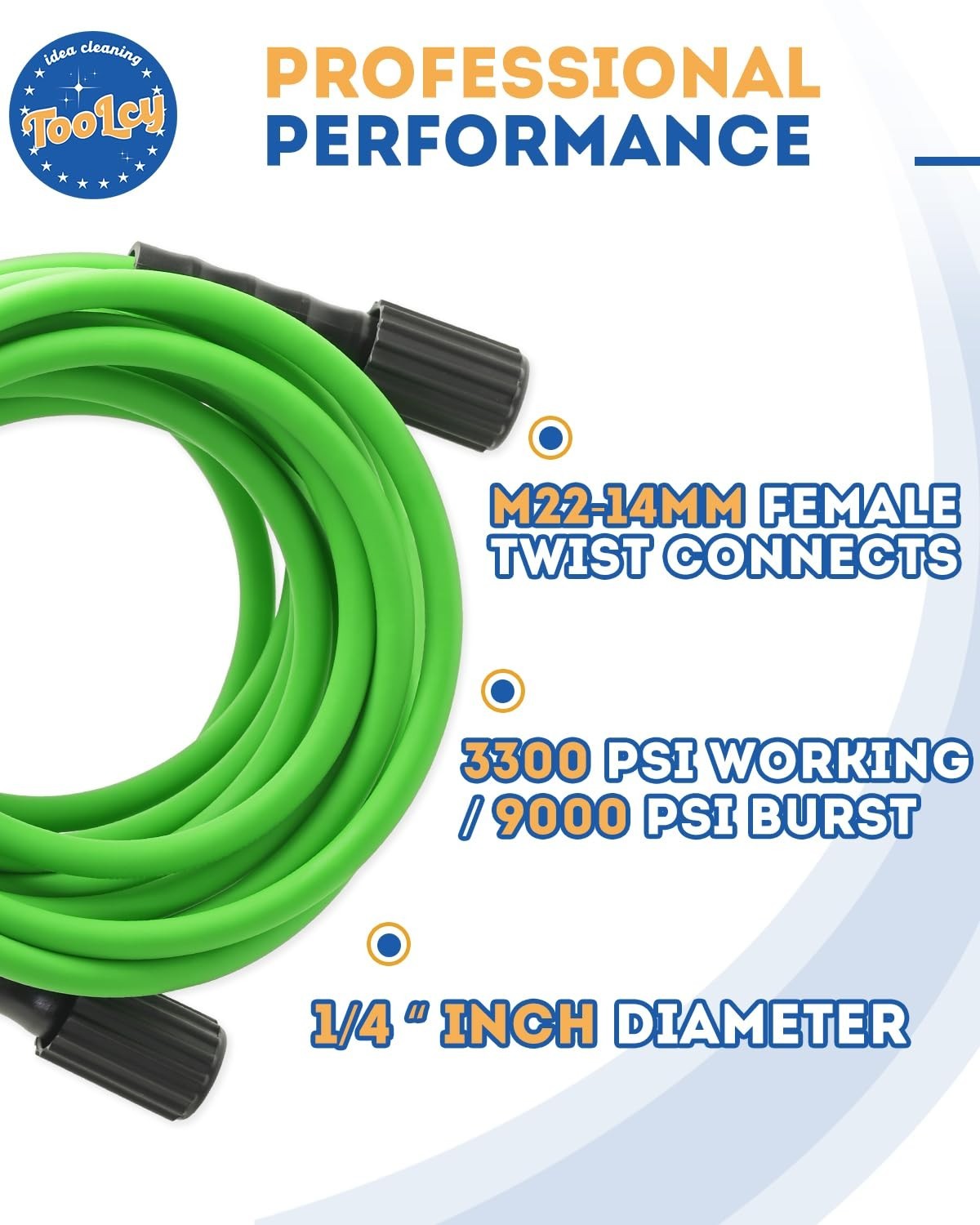 TOOLCY 1/4″ Kink-Free 3300 psi Flexible Pressure Washer Hose (Blue)