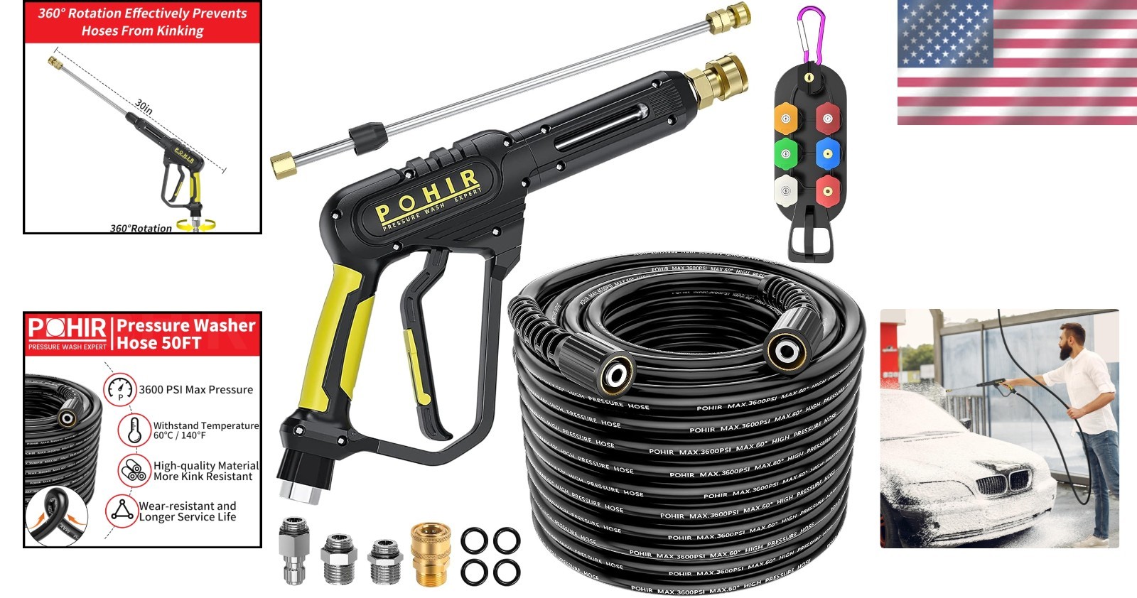Durable 50ft Pressure Washer Kit with Swivel Gun & Extension Wand Included