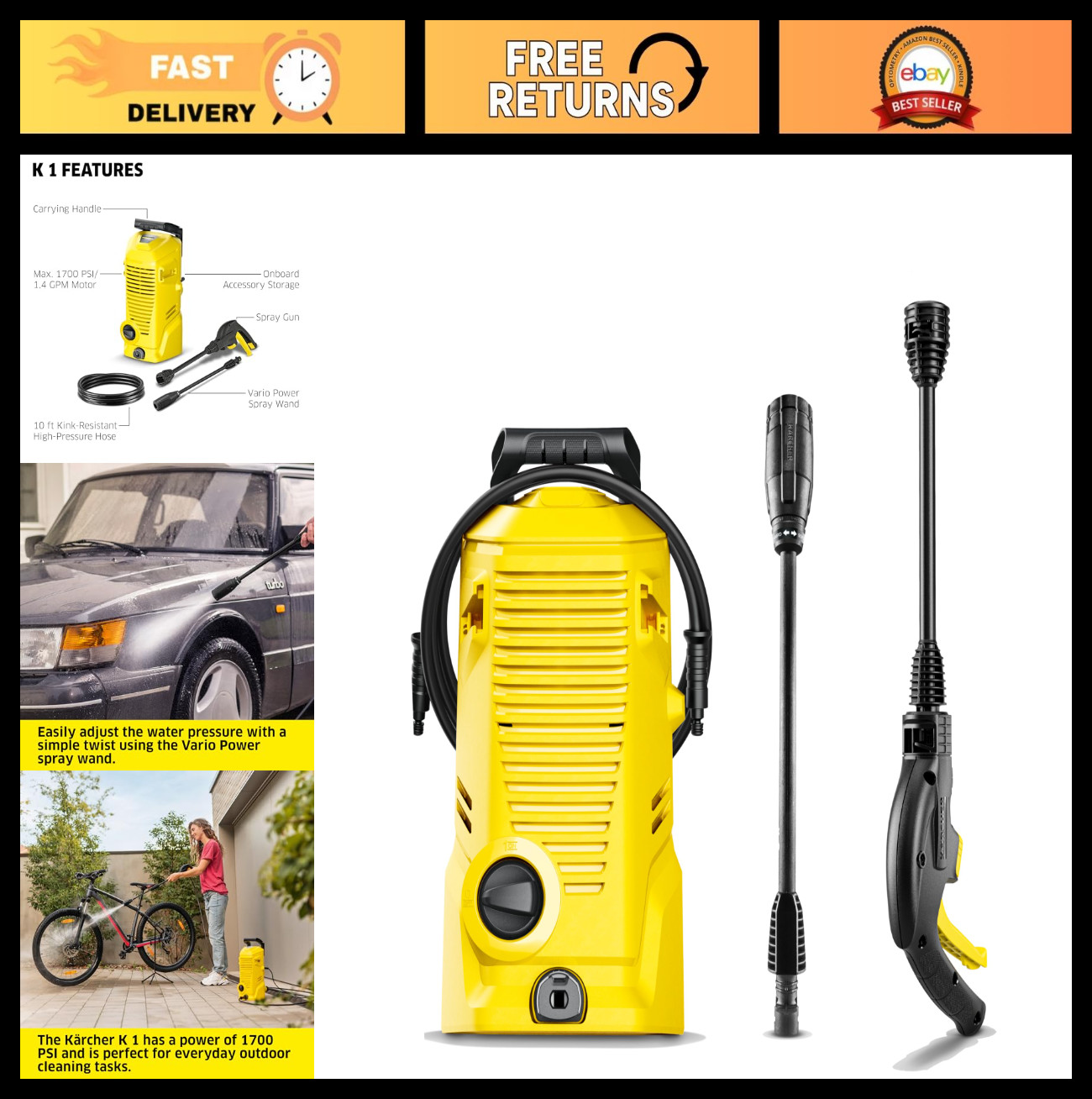 High-Performance Pressure Washer 1700 PSI, 1.45 GPM, Trigger Gun & Vario Wand –