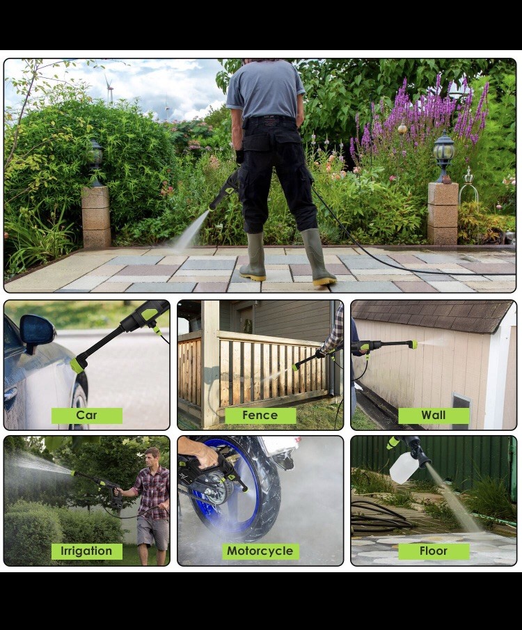 Cordless Pressure Washer Battery Powered; 990 Psi with 6-in-1 Nozzle, 23FT Hose.