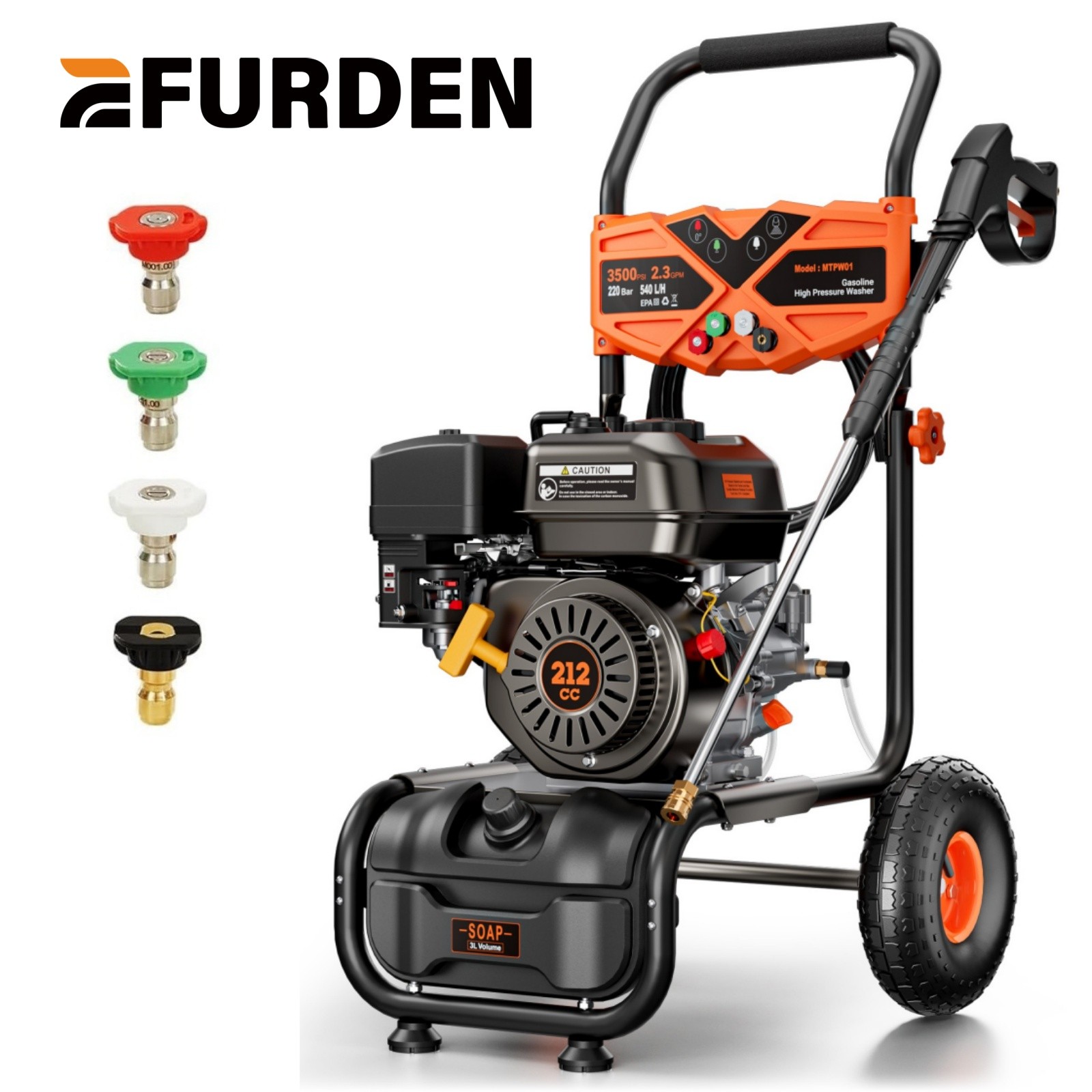 Efurden Gas Pressure Washer, Cold Water, 3500 PSI, 2.3 GPM 212cc for Car/Garden
