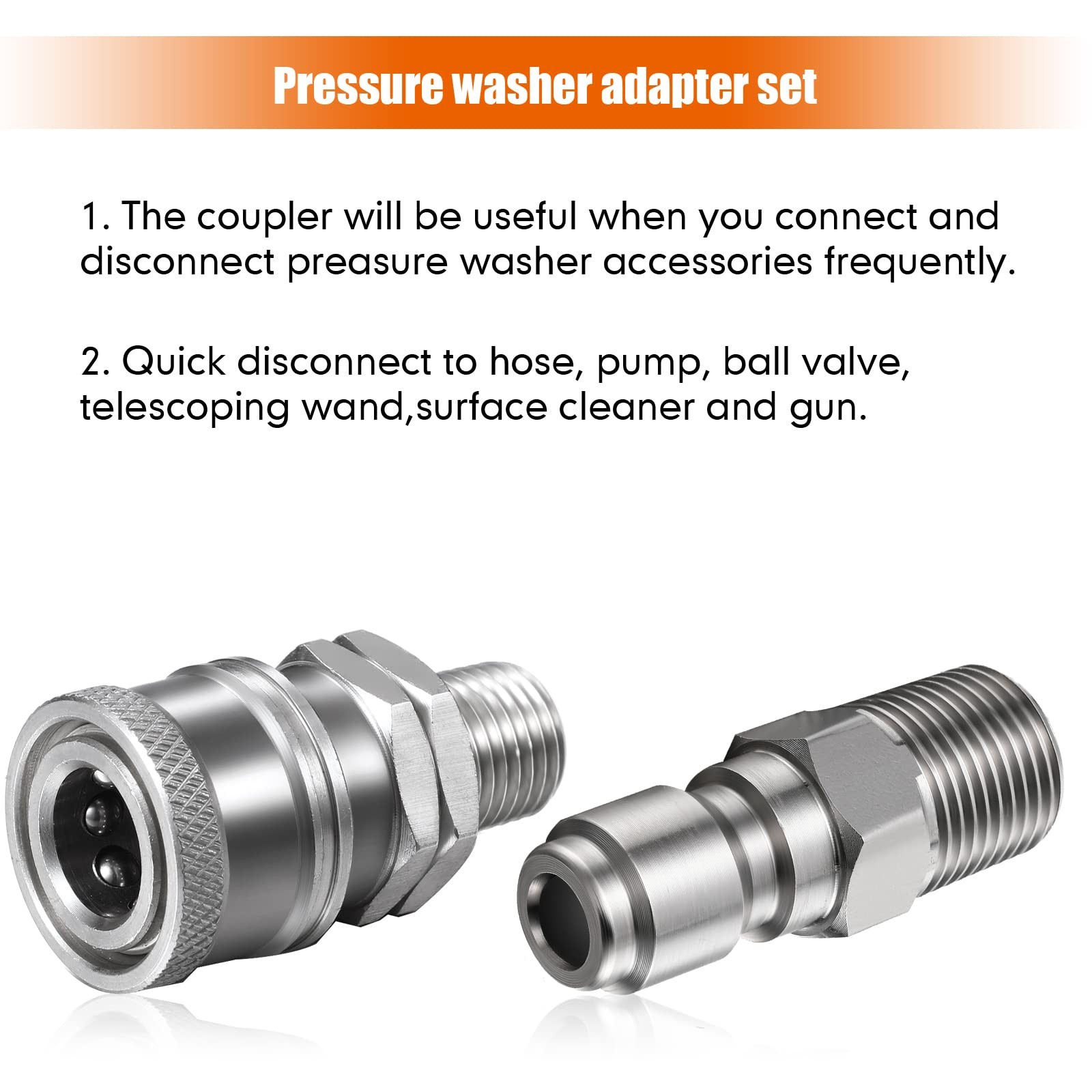 2 Sets NPT 1/4 Inch Pressure Washer Quick Connect Coupler Plug Male Female
