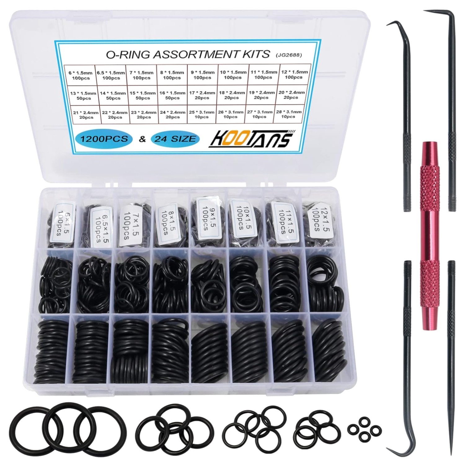 1200Pcs Nitrile Rubber O Ring Assortment 24 Sizes Sealing Washers