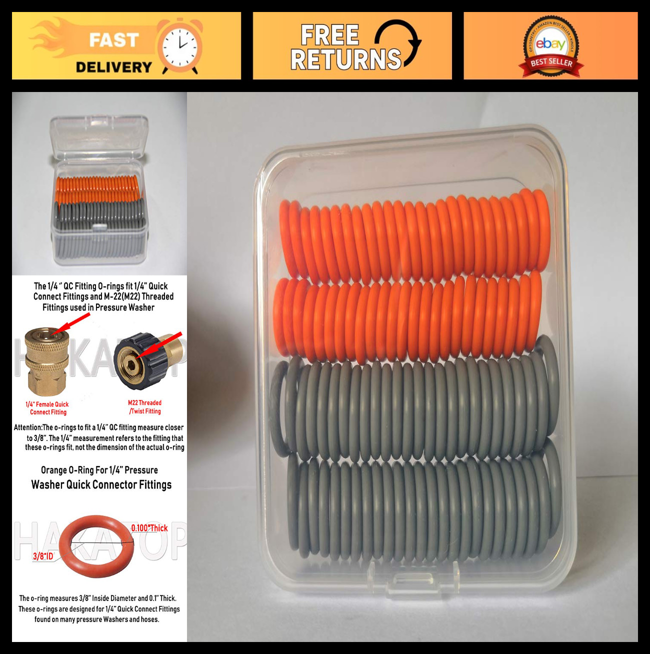 100 Pack Pressure Washer O-Rings Seal Kits for 1/4″ & 3/8″ Quick Coupler