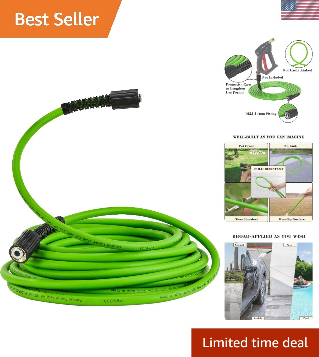 25FT Flexible Power Washer Hose, 3600 PSI – Apple Green M22 Fittings Included