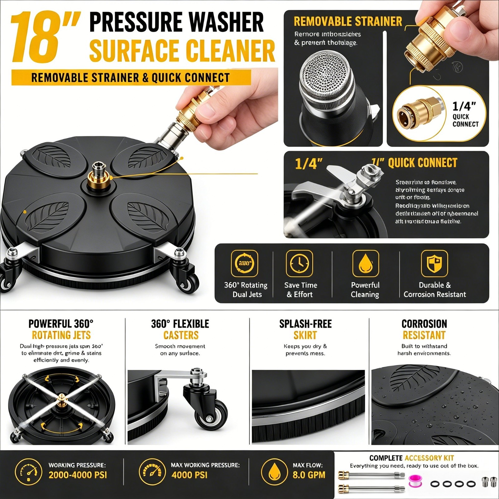 18 In Pressure Washer Surface Cleaner 4000PSI Power Washer Attachment for Deck