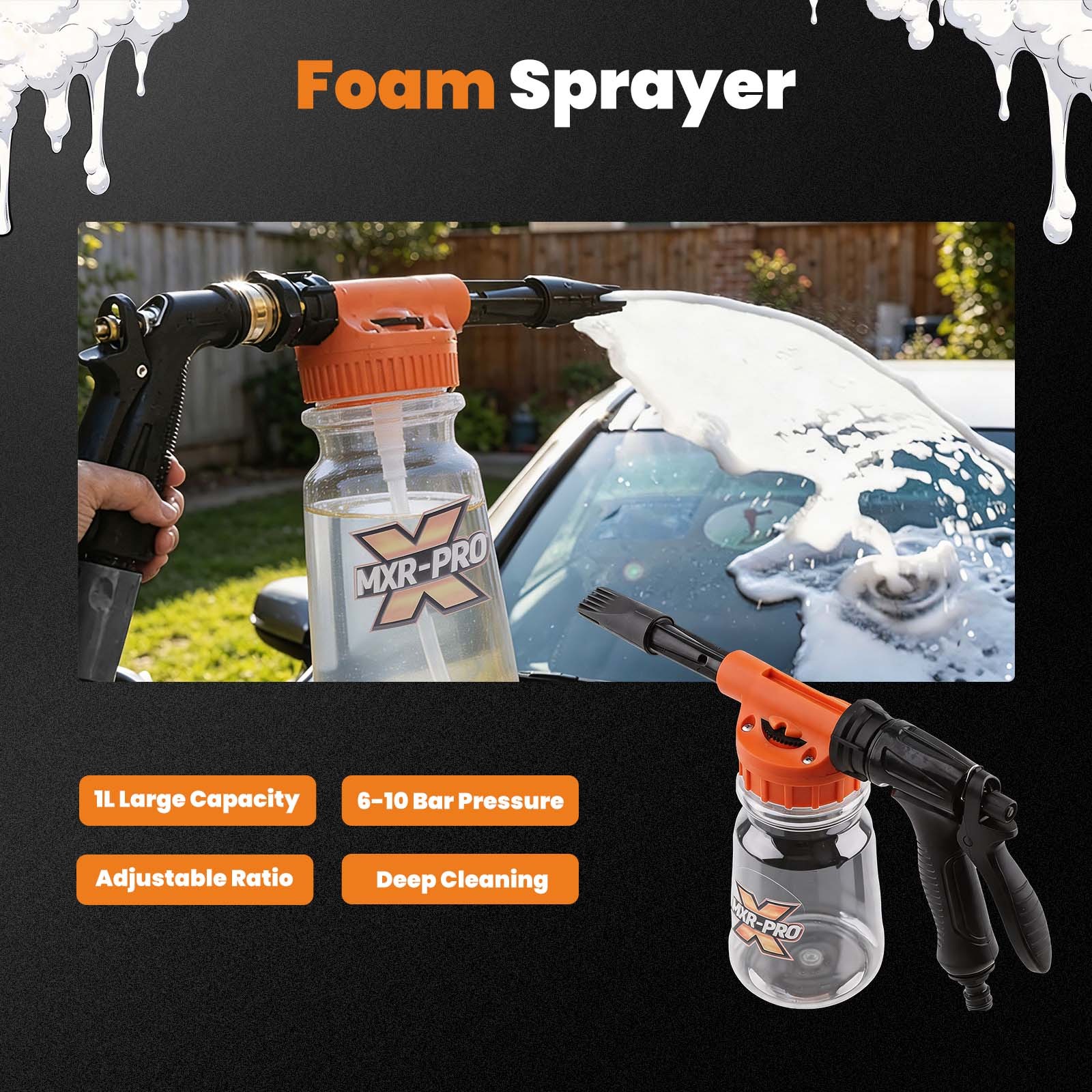 1L Car Wash Foam Cannon Kit Adjustable Soap Sprayer 6-10 Bar Quick Connect