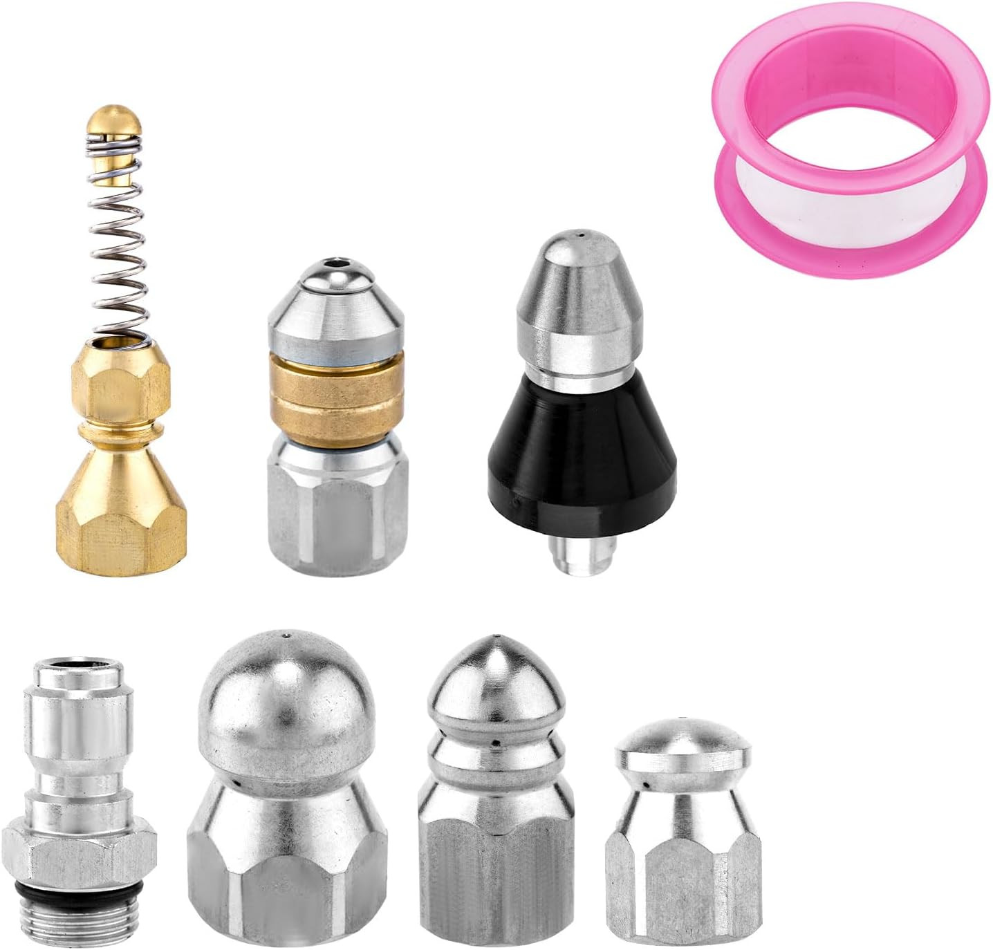 8pcs Sewer Jetter Nozzle Kit with 1/4″ NPT Quick Connectors & Tape, Stainless…