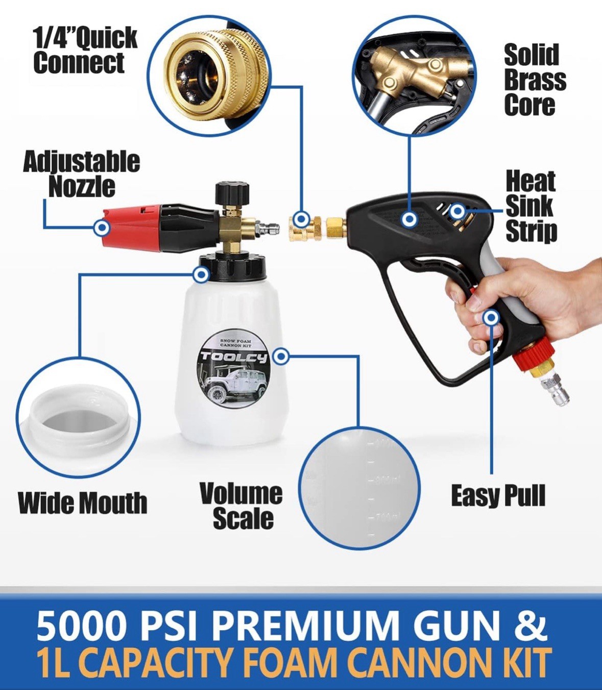 TOOLCY 5000 PSI Pressure Washer Gun Snow Foam Cannon Jet Bottle Spray Nozzles