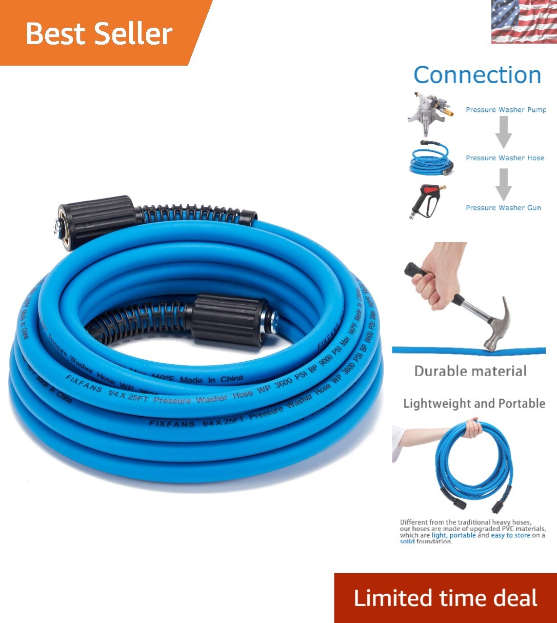 Premium 25 FT High Pressure Washer Hose – 9000PSI Burst, M22 Fittings Included