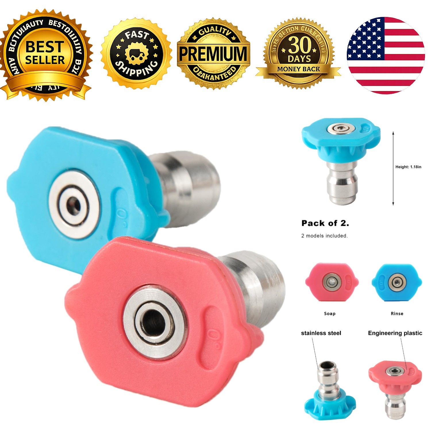Pressure Washer Spray Nozzle Tips Kit Soap Rinse Long Range 4000PSI 1/4 NPT