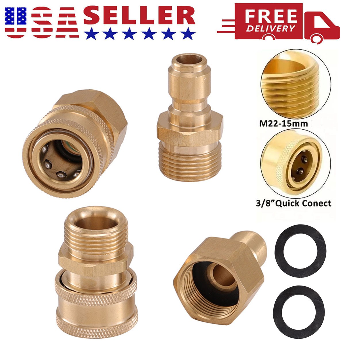 4Pc Pressure Washer Adapter Set Quick Disconnect Kit M22 Swivel to 3/8” Connect
