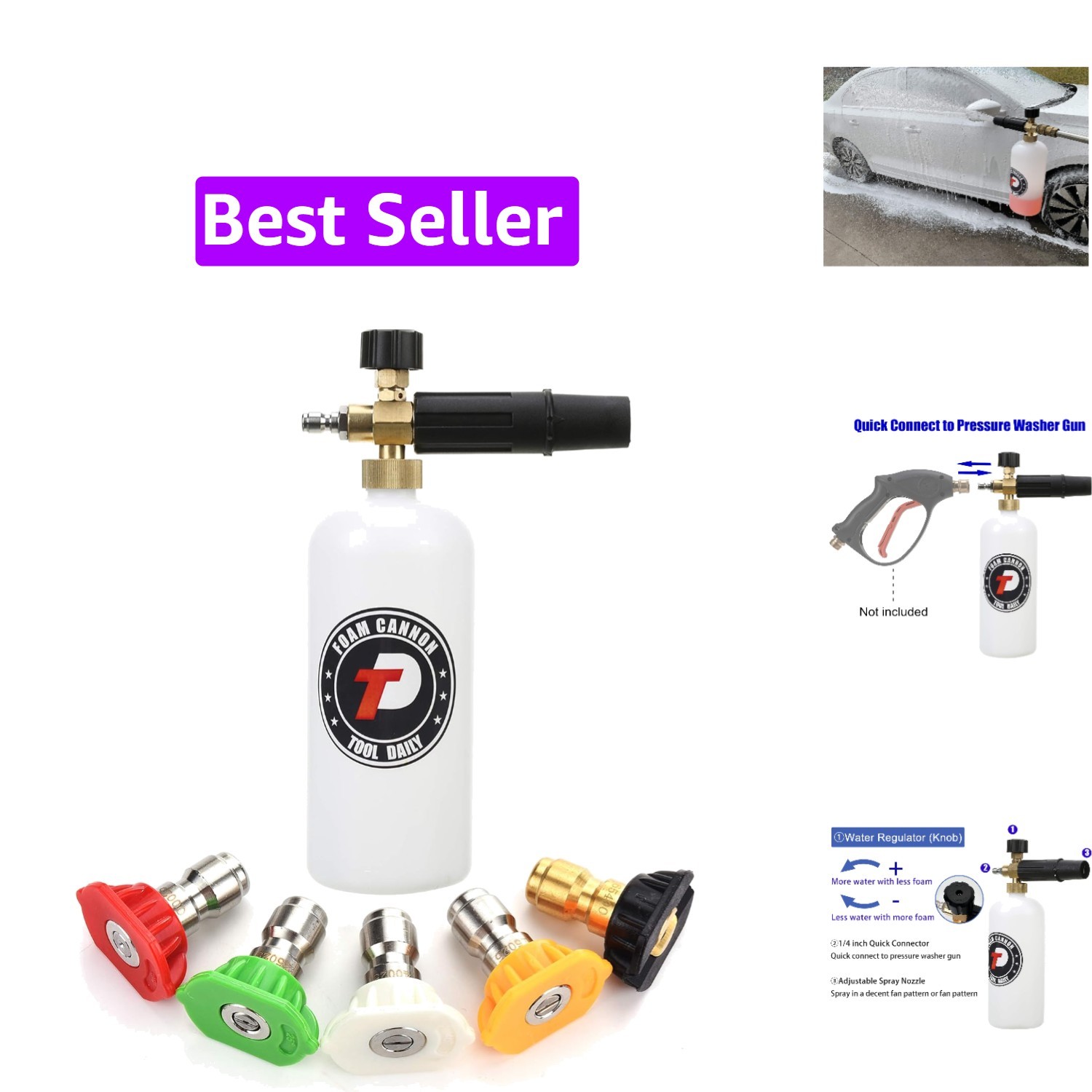 Foam Cannon with 1/4 Inch Quick Connector, 1 Liter, 5 Pressure Washer Nozzle …