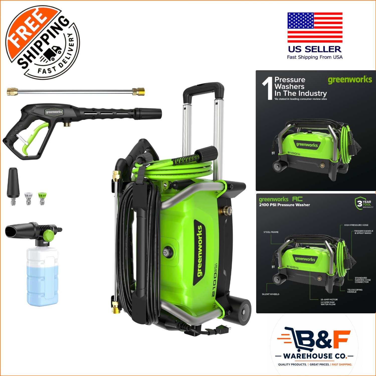 Versatile 2100 PSI Pressure Washer with Turbo Nozzle & 25′ Hose for Deep Clean