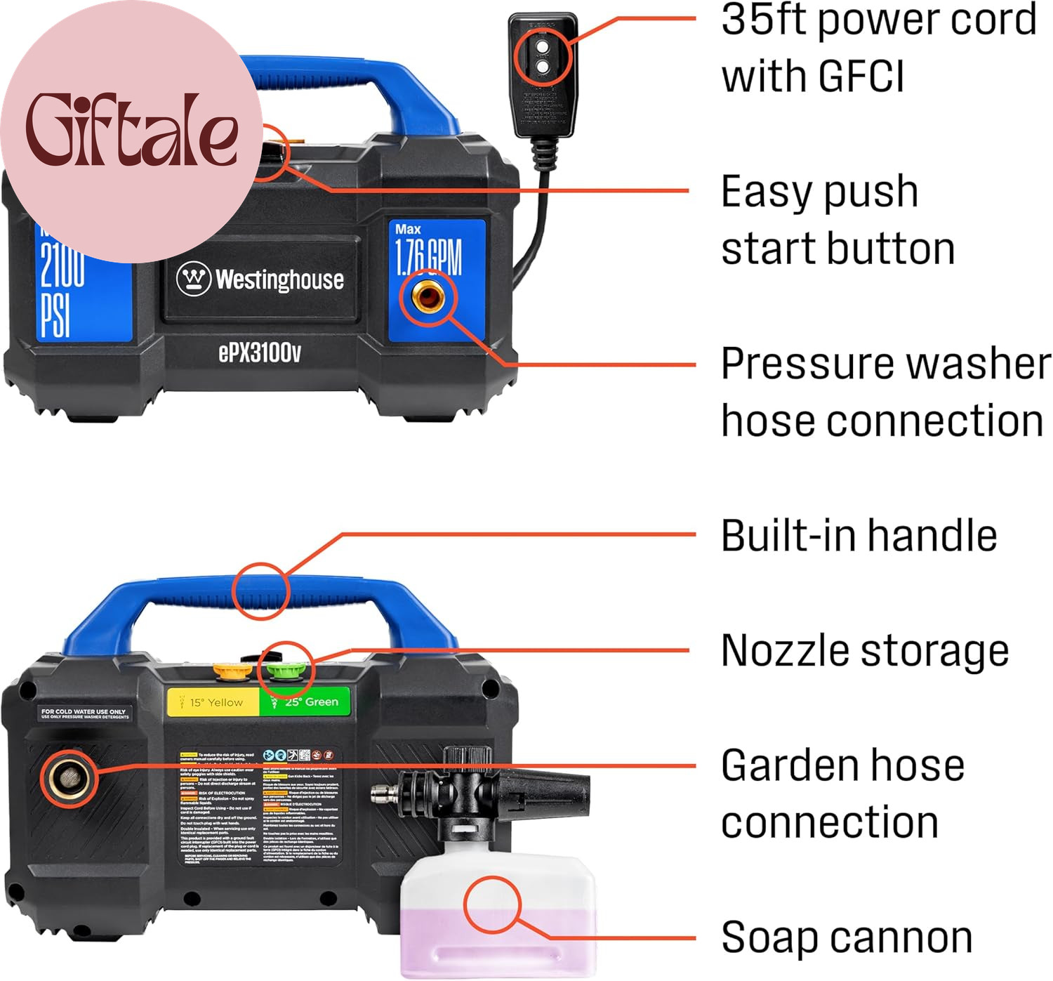 Epx3100V Electric Pressure Washer, 2100 Max PSI 1.76 Max GPM, Built-In Carry Han