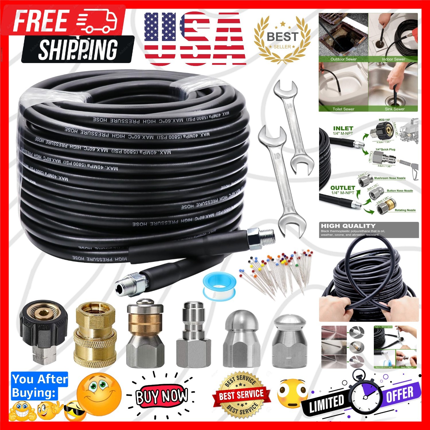 Sewer Jetter Kit 100FT for Pressure Washer, 5800PSI Drain Cleaner Hose 1/4 In…