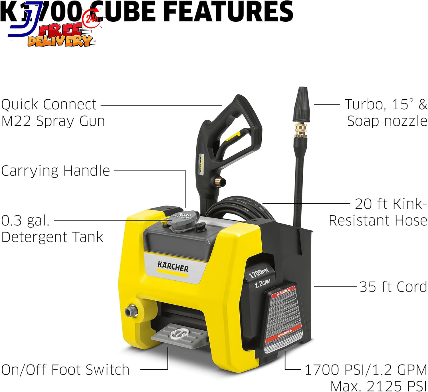 Pressure Washer K1700 Cube Max 2125 PSI 3 Spray Nozzles Detergent Tank for Cars