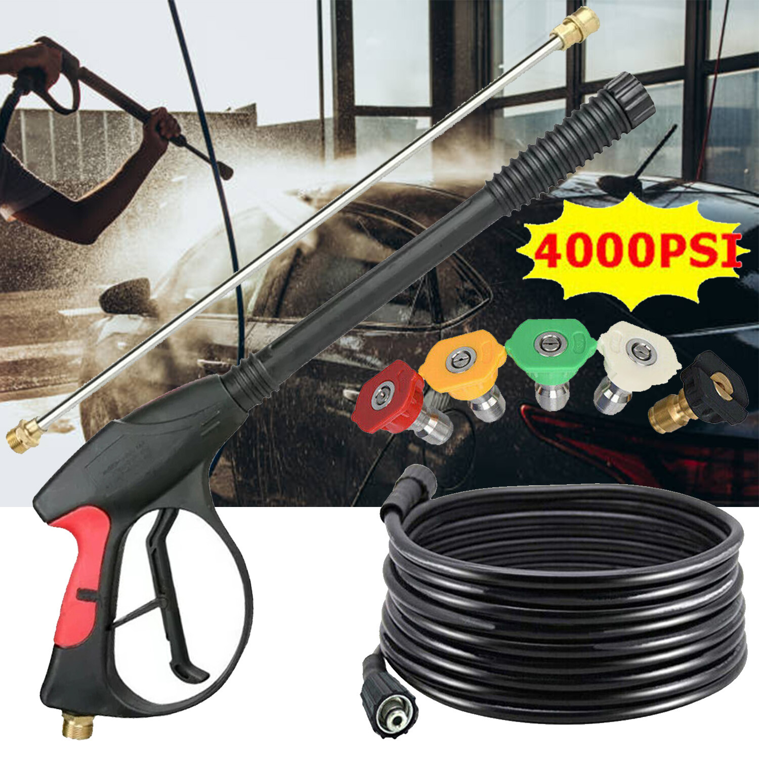 4000PSI High Pressure Car Power Washer Gun Spray Wand Lance Nozzle+ Hose Kit M22