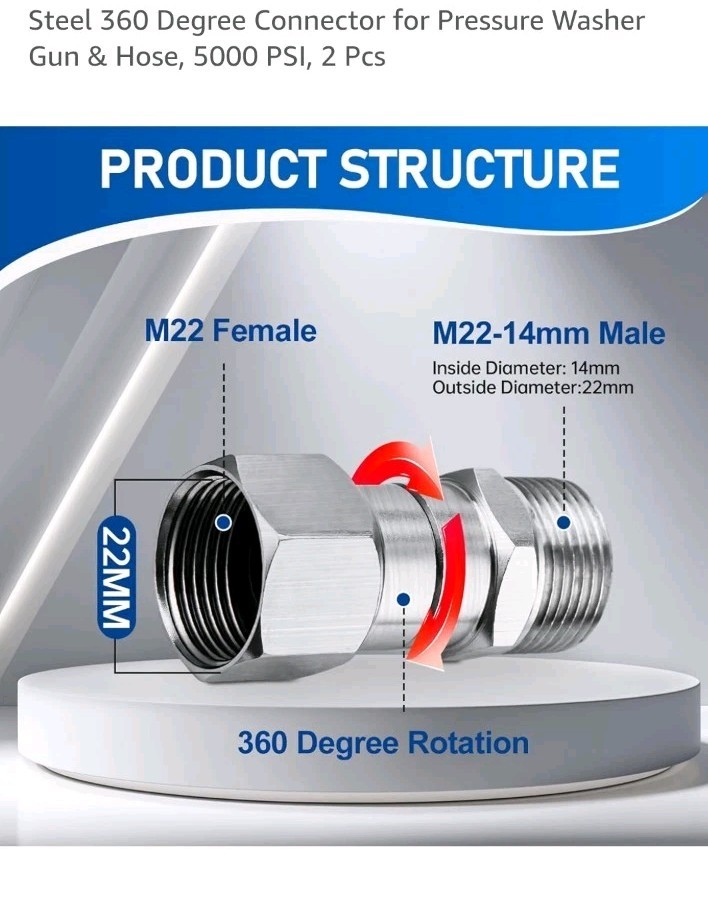Pressure Washer Swivel Fitting M22 14mm Male to M22 Female 360 Joint 5000PSI