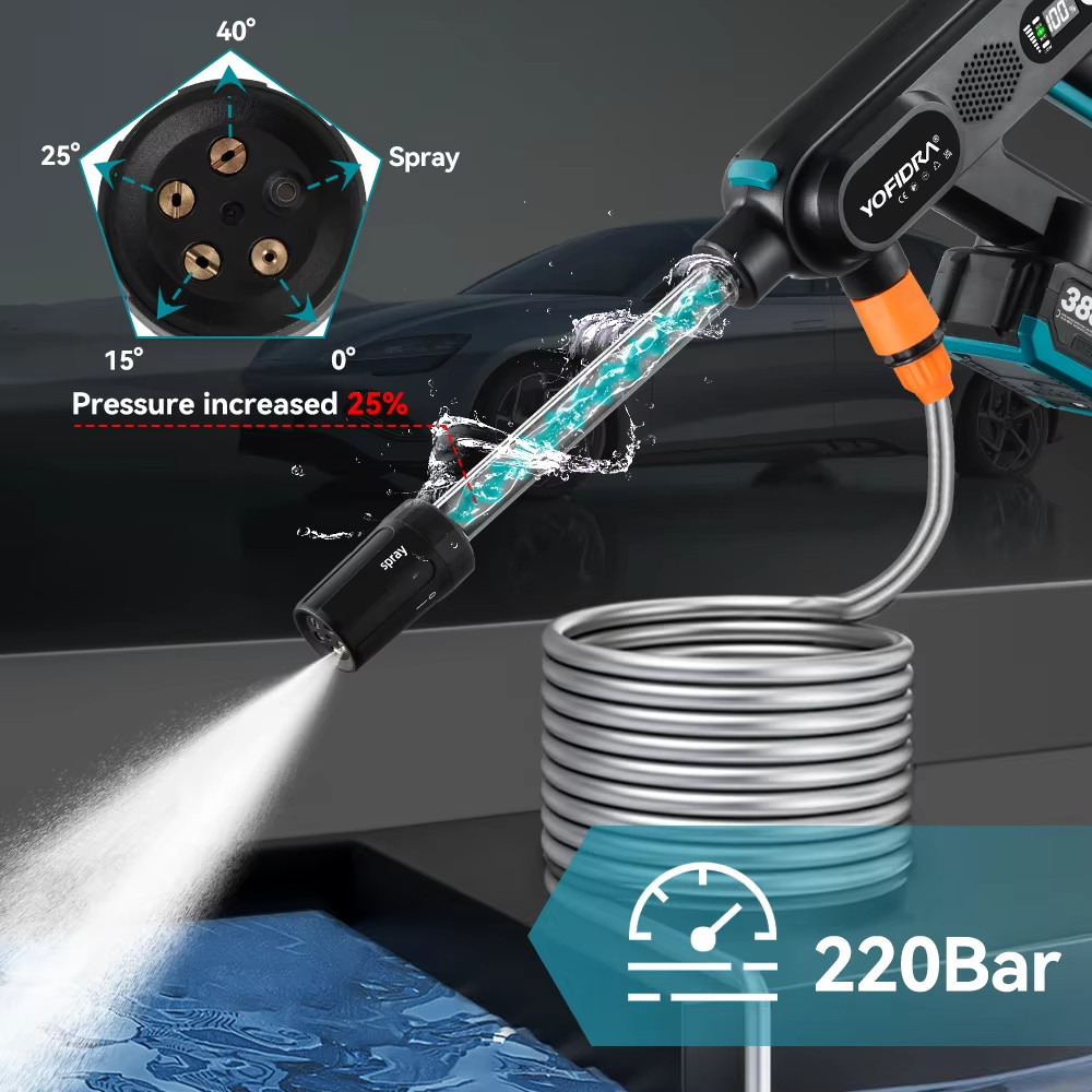 5-in-1 Brushless Cordless Car Pressure Washer 220Bar Makita 18V Battery