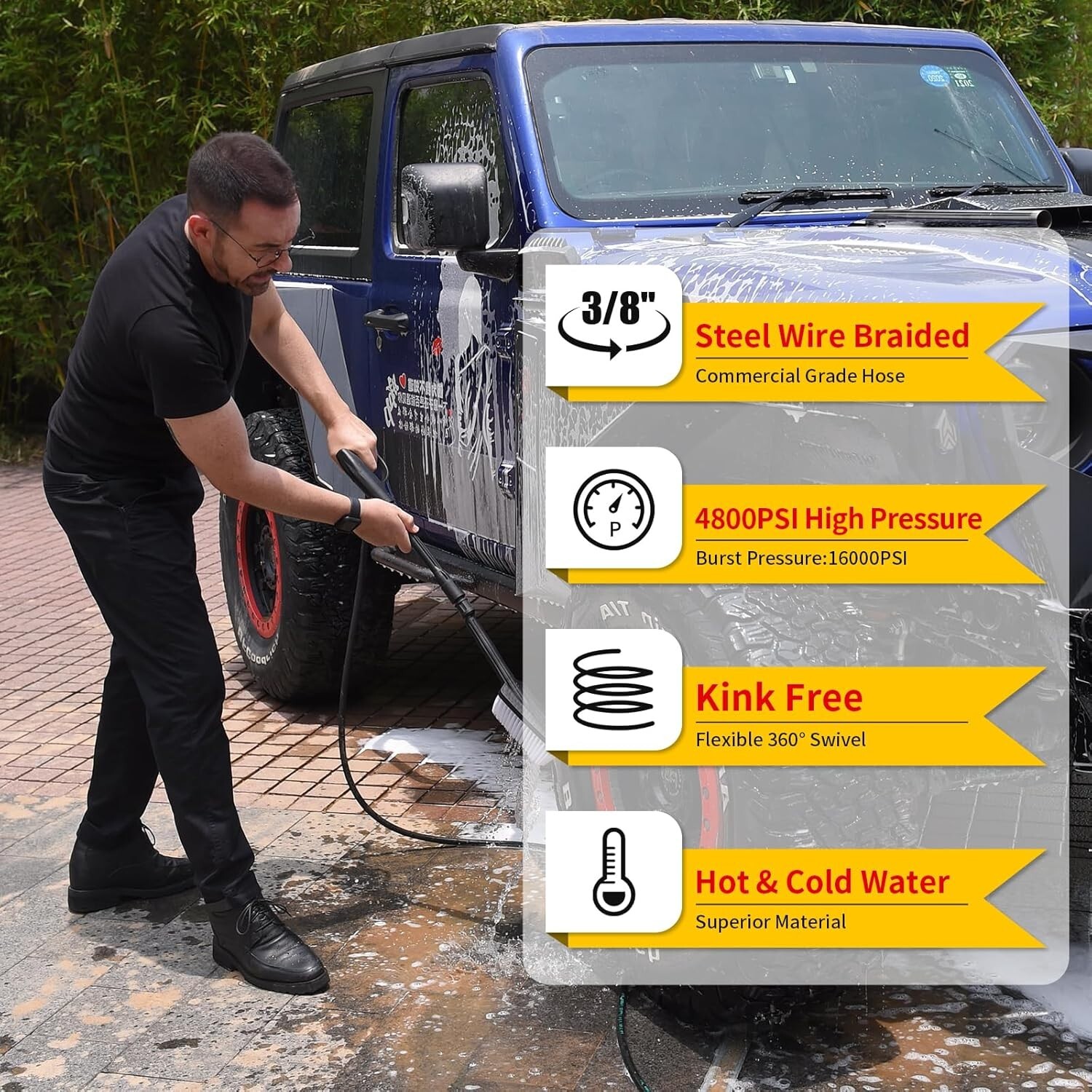 25FT 4800PSI Pressure Washer Hose 3/8″ Kink Resistant Power Hose Quick Connect