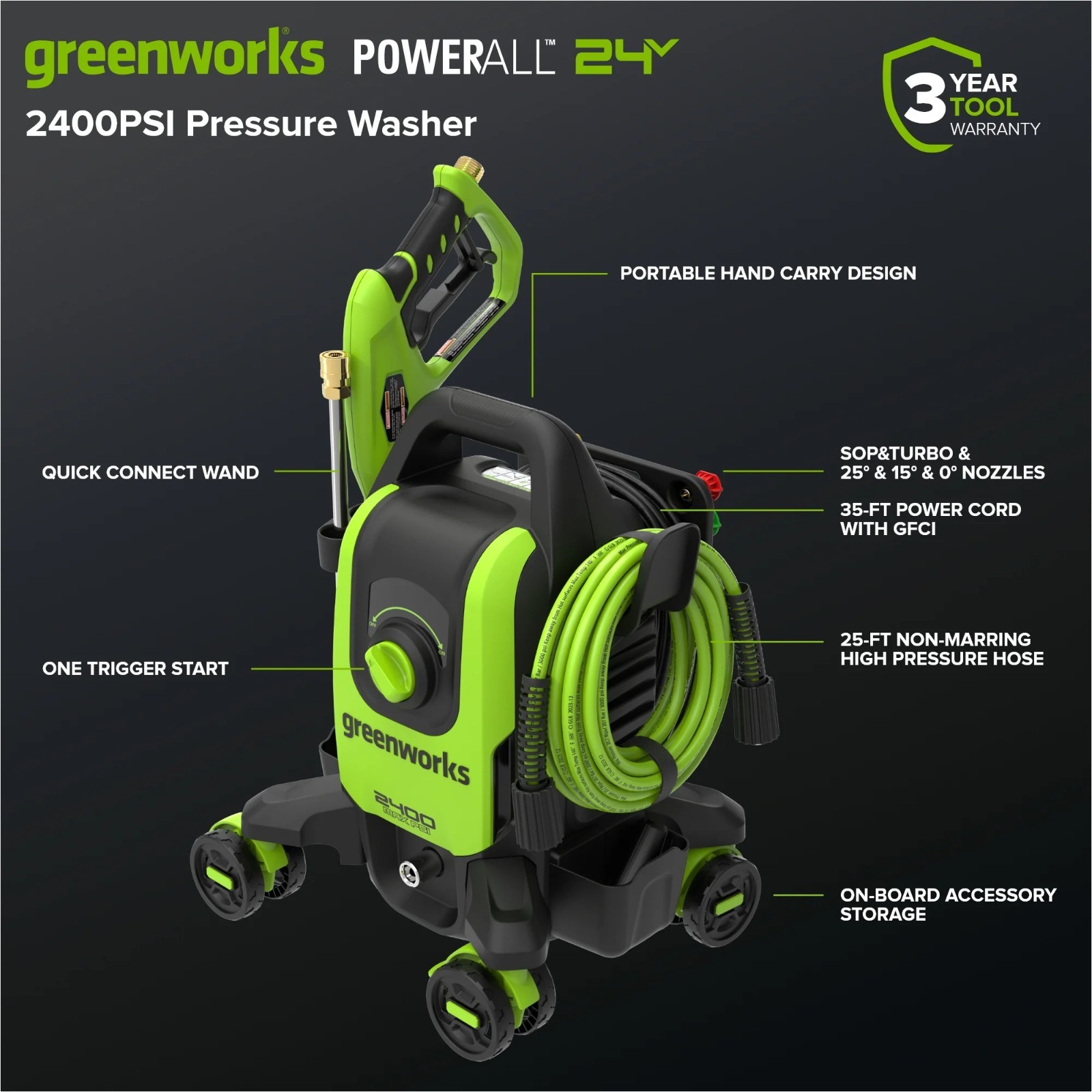 Greenworks 2400PSI Brushless 1.2GPM Four-Wheel Electric Pressure Washer