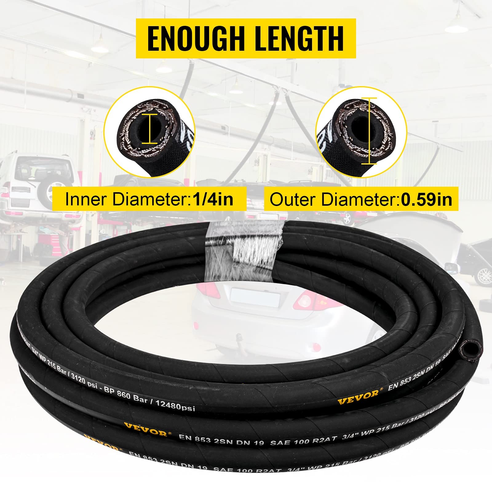 100ft Hydraulic Hose 1/4in ID High Pressure 5800 PSI Durable Flexible Rubber