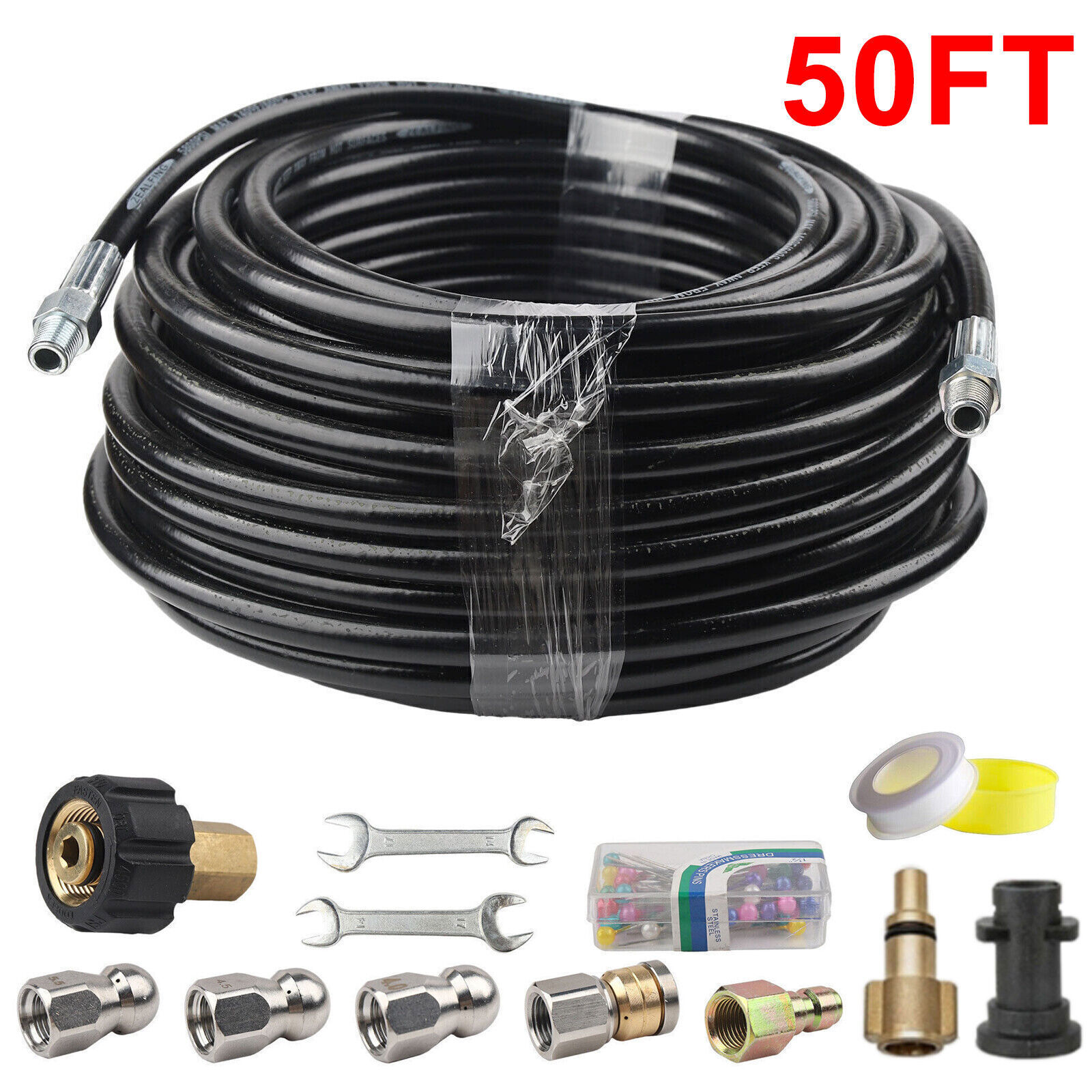 100FT 5800PSI Sewer Jetter Nozzles Kit Drain Cleaning Hose for Pressure Washer