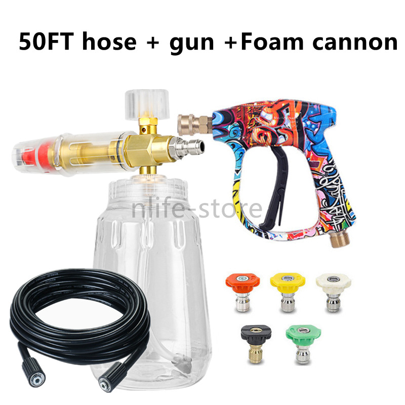 50ft Hose+Pressure Washer Gun Power Spray Wand Pipe Snow Foam Cannon Quick Fit