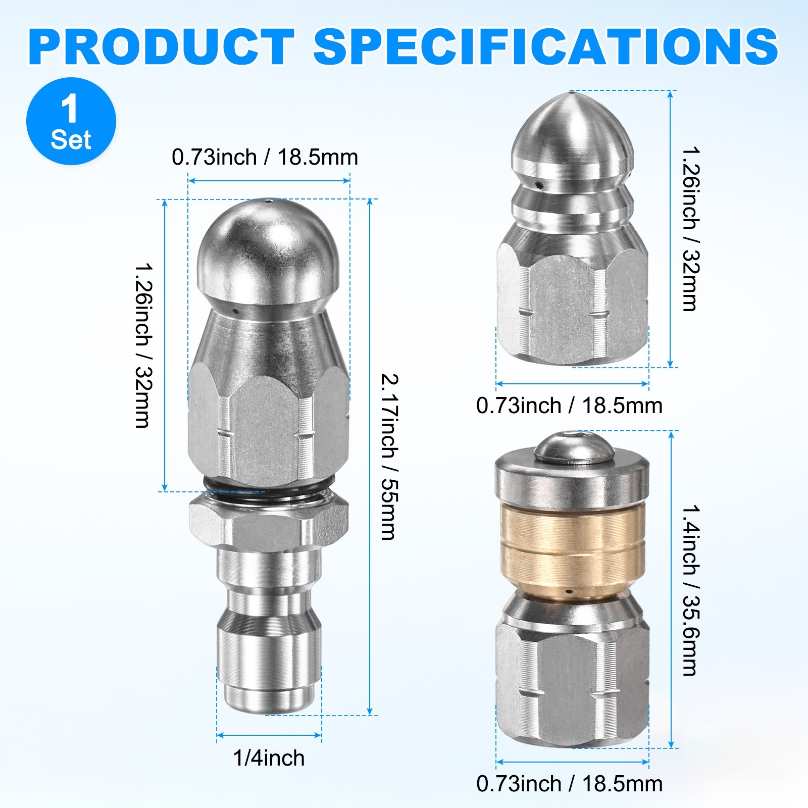4-Pack 1 Front and 3 Rear Jets Sewer Jetter Nozzle Tips, G1/4 Connector
