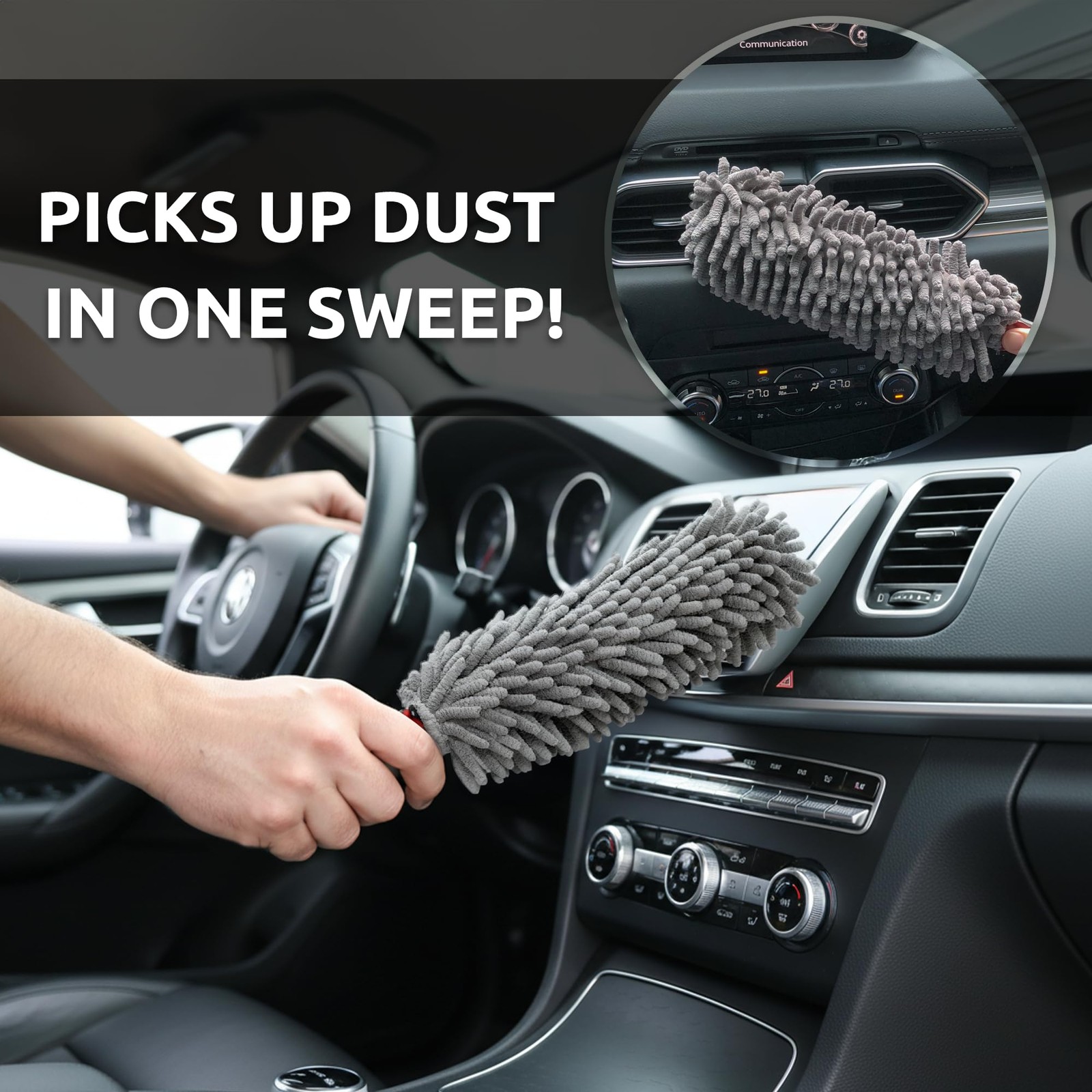 Car Duster Interior by TAKAVU, 360° Microfiber Chenille with Towel, Gray
