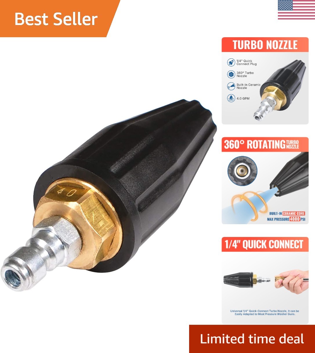 High-Performance 5000 PSI Turbo Nozzle with 360° Rotation for Precision Cleaning