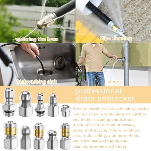 Jetter Nozzle Kit Pack of 10 Rotating Drain Cleaning Tips Stainless Steel