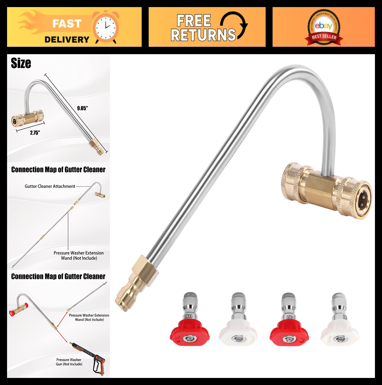 High-Pressure Gutter Cleaner Attachment for Power Washer, 4000 PSI, 4 Nozzles, Q